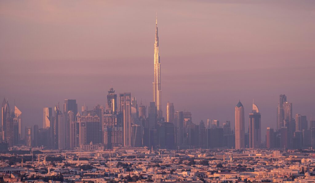 Stunning Burj Khalifa view at dusk in Dubai skyline